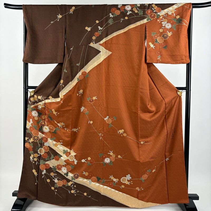 訪問着 身丈165.5cm 裄丈67cm M 袷 落款あり 菊 桜 金糸 金彩 焦