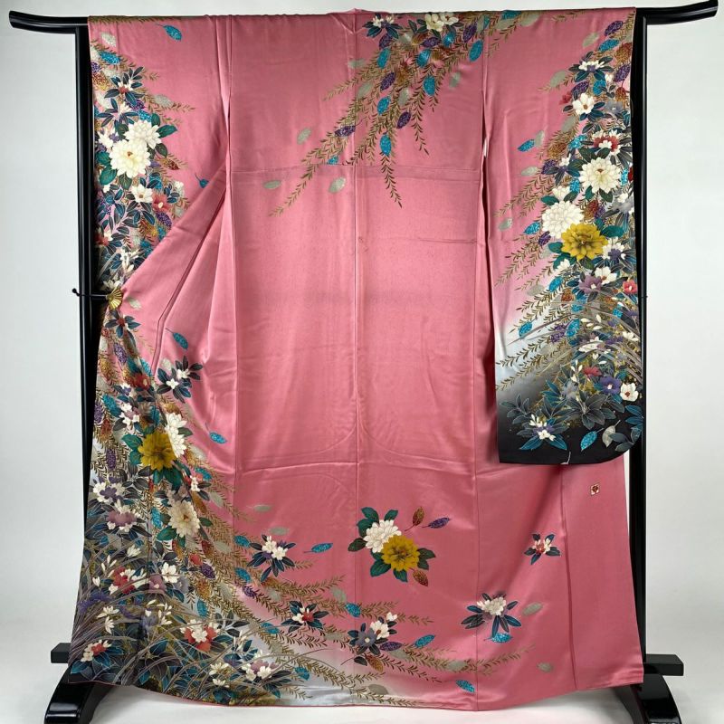 振袖 身丈164.5cm 裄丈68.5cm L 袷 花車 波 金糸 金銀彩 山吹色
