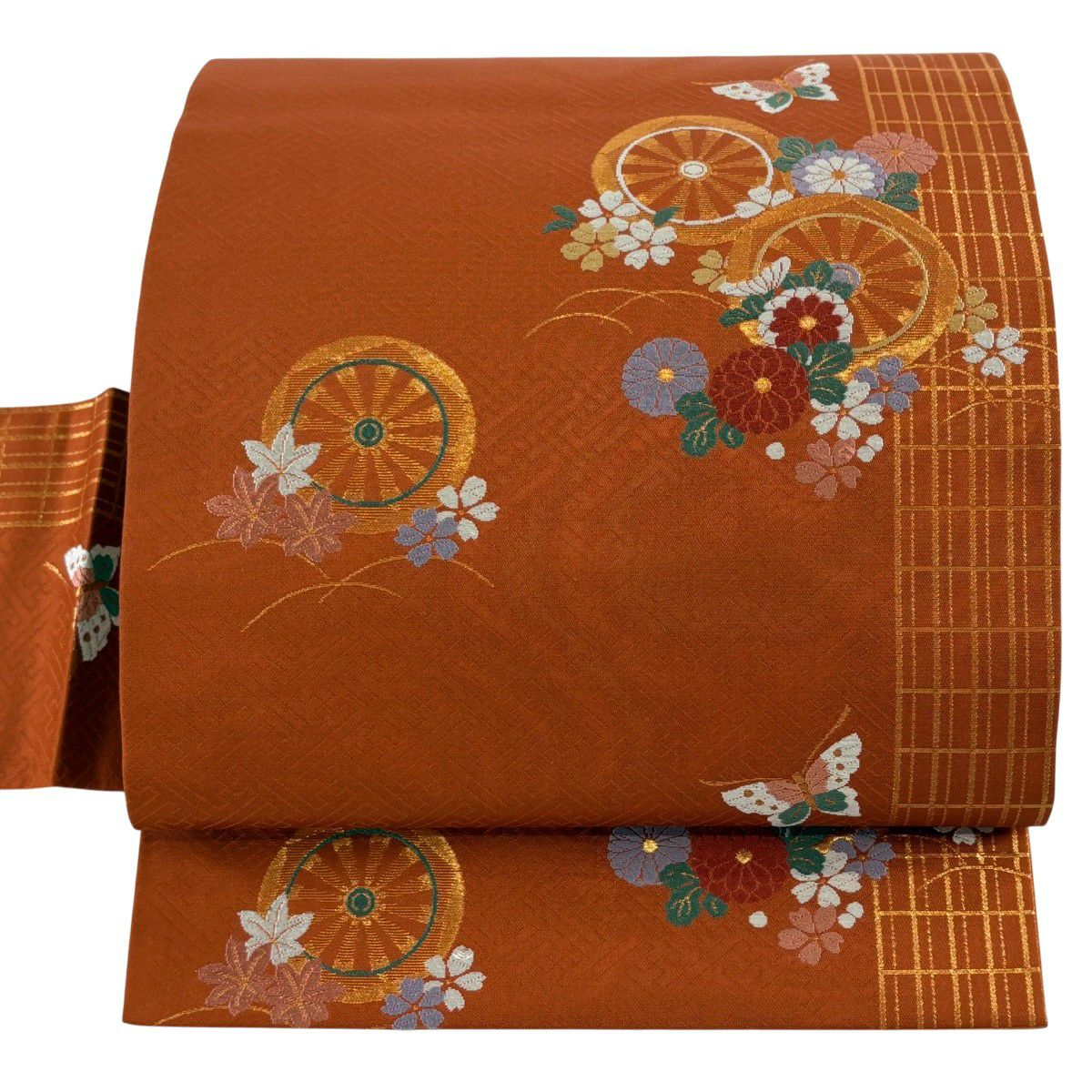 サツキ様正絹　本純金糸使用　朱色 名古屋帯 優品 片輪車 蝶 箔 朱色 正絹｜中古・古着・リサイクル着物