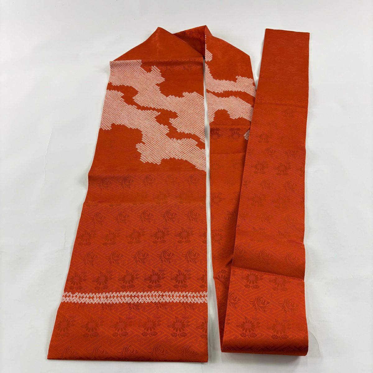 美品】 名古屋帯 優品 幾何学 地紋 絞り オレンジ 正絹｜中古・古着