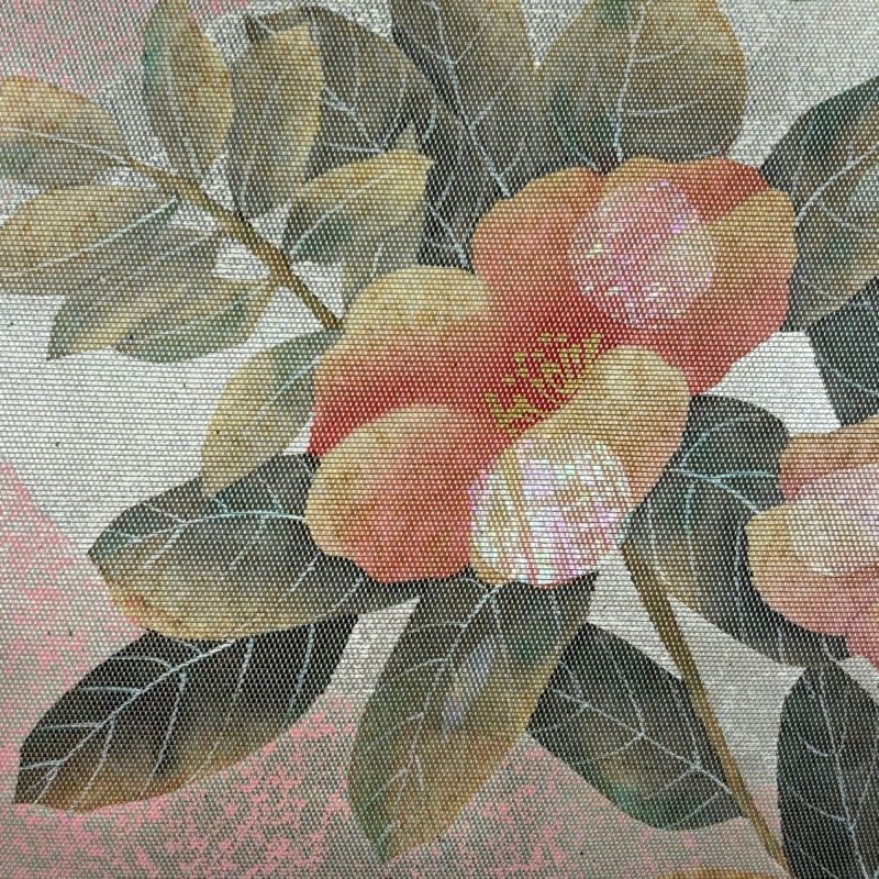開き名古屋帯 美品 名品 夏帯 花 箔散らし クリーム 正絹｜中古
