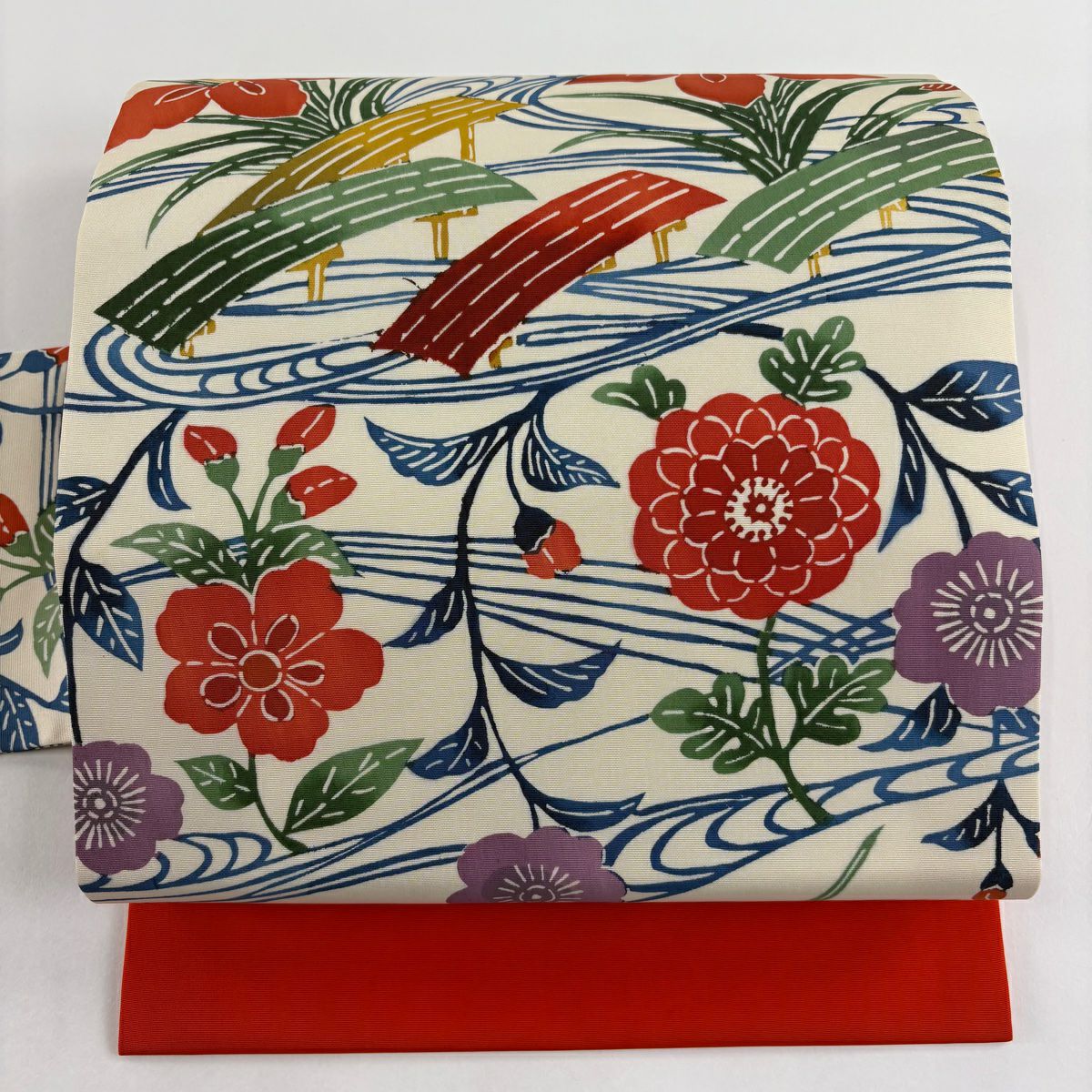 ❪6648❫  ▧  袋帯  (正絹)  ▧ 袋帯 美品 秀品 草花 箔 クリーム 六通 正絹｜中古・古着