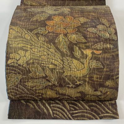 袋帯 美品 逸品 尾長鳥 草花 金糸 刺繍 灰緑 六通 正絹 【中古