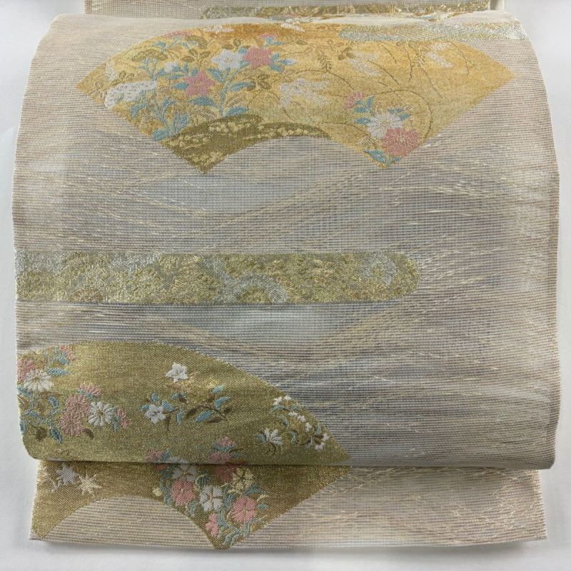 袋帯 美品 秀品 夏帯 絽 扇面 草花 金銀糸 箔 ベージュ 六通