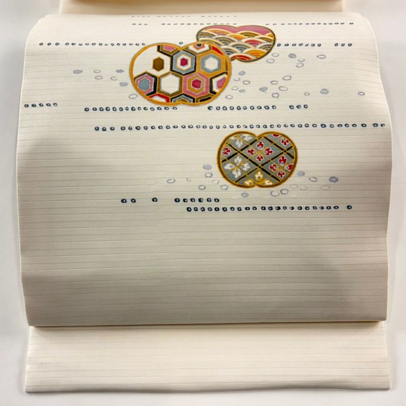 開き名古屋帯 秀品 夏帯 絽 団扇 亀甲 銀彩 クリーム 正絹｜中古