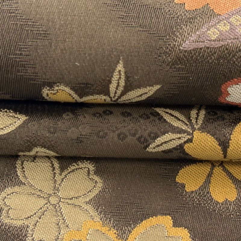 袋帯 美品 秀品 やまと 桜 笹 焦茶色 六通 正絹｜中古・古着