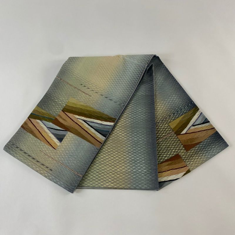 袋帯 美品 秀品 幾何学模様 青灰色 お太鼓柄 正絹｜中古・古着