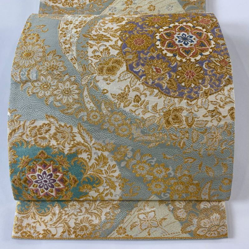 袋帯 美品 秀品 華文 花唐草 箔 金糸 灰緑 六通 正絹｜中古