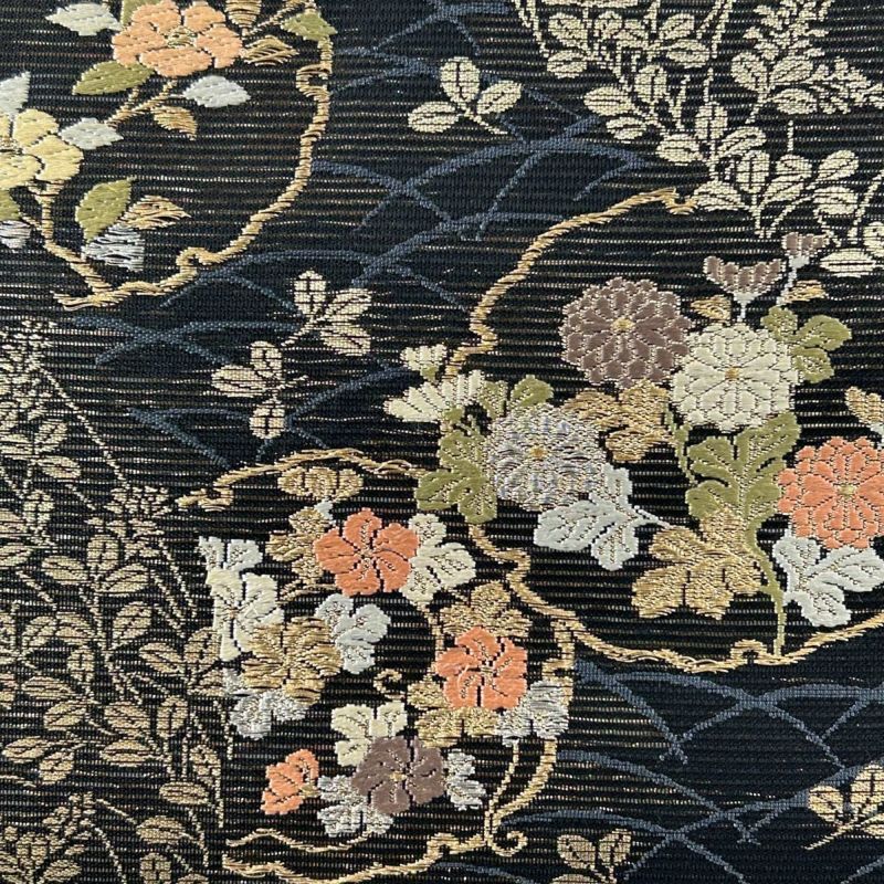 絹の夢 名古屋帯 秀品 夏帯 絽 雪輪 秋草文 金銀糸 箔 青黒 正絹｜中古