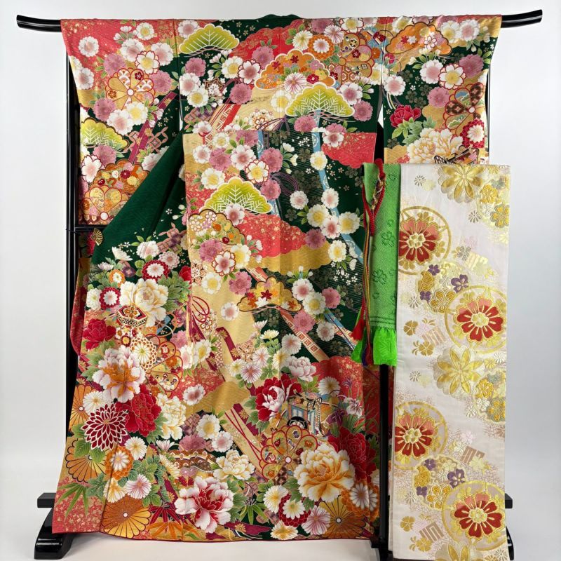 振袖/鼓草花金彩染め分け紫中古美品振袖set/身丈167.5裄丈66.5紫