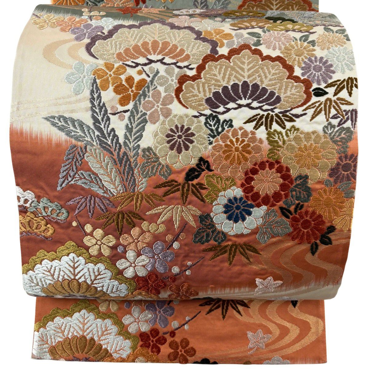 美品】 袋帯 秀品 松竹梅 流水 箔 唐織 ベージュ 六通 正絹｜中古