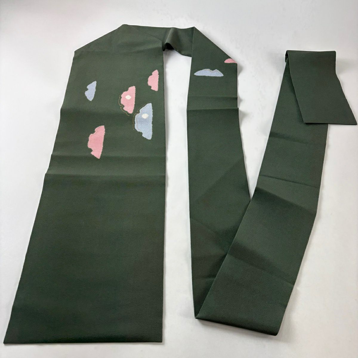 名古屋帯 秀品 雪輪 幾何学 縮緬 金彩 灰緑 正絹｜中古・古着