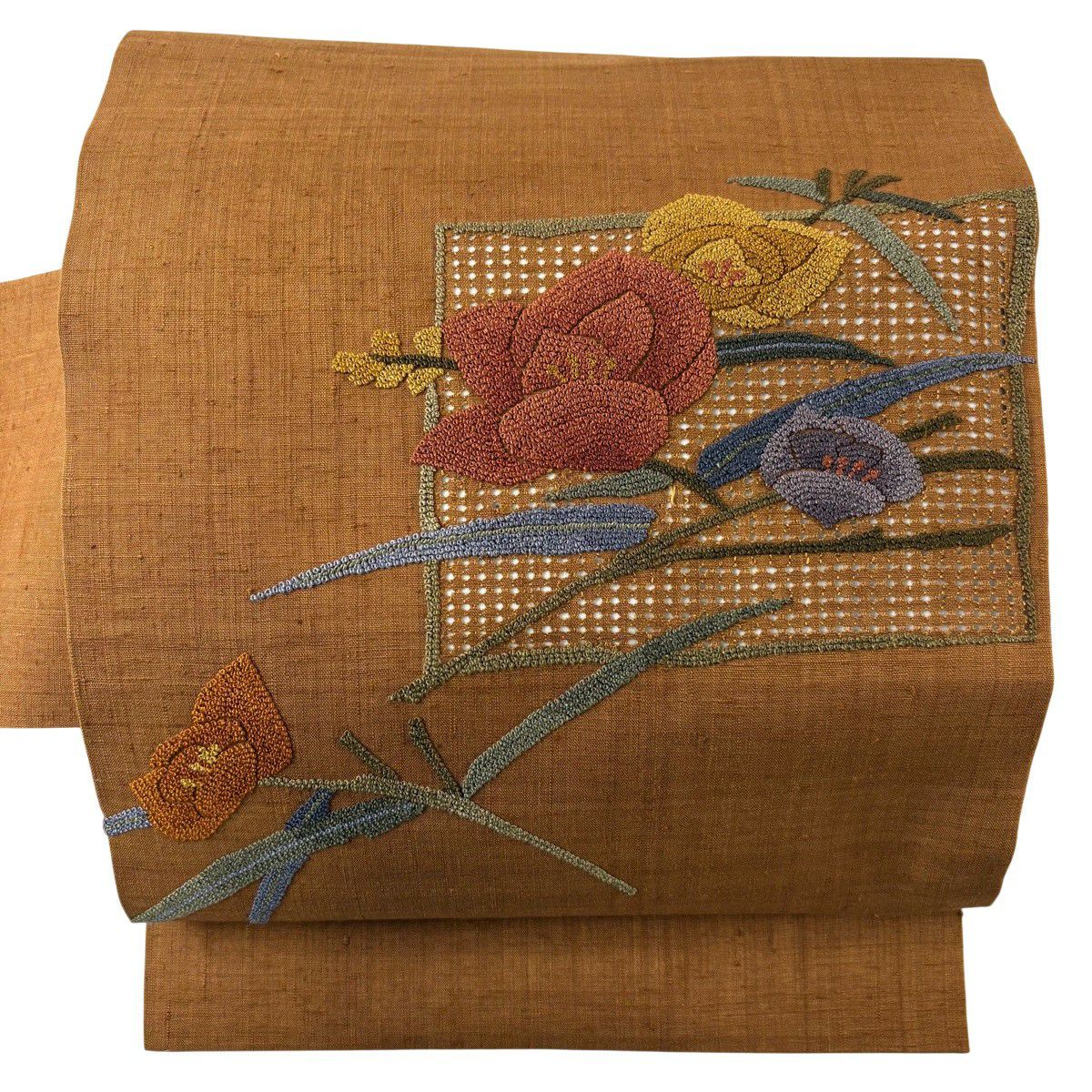 美品】 名古屋帯 秀品 紬地 魚 相良刺繍 灰緑 正絹｜中古・古着