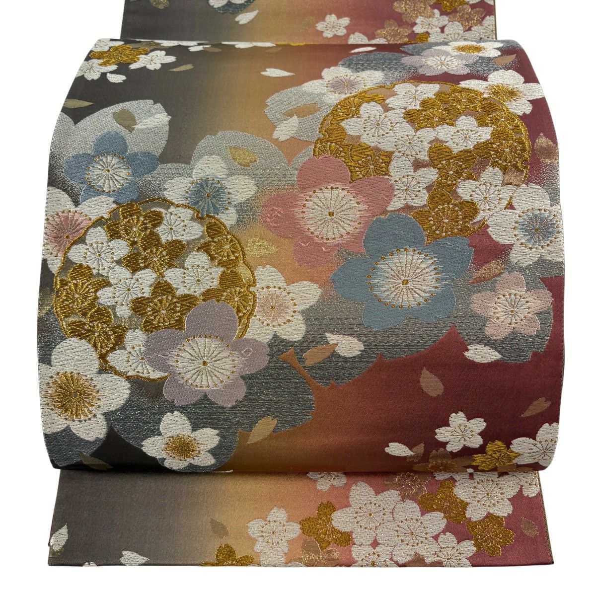 袋帯 秀品 桜 雪輪 刺繍 金糸 濃ピンク 六通 正絹｜中古・古着