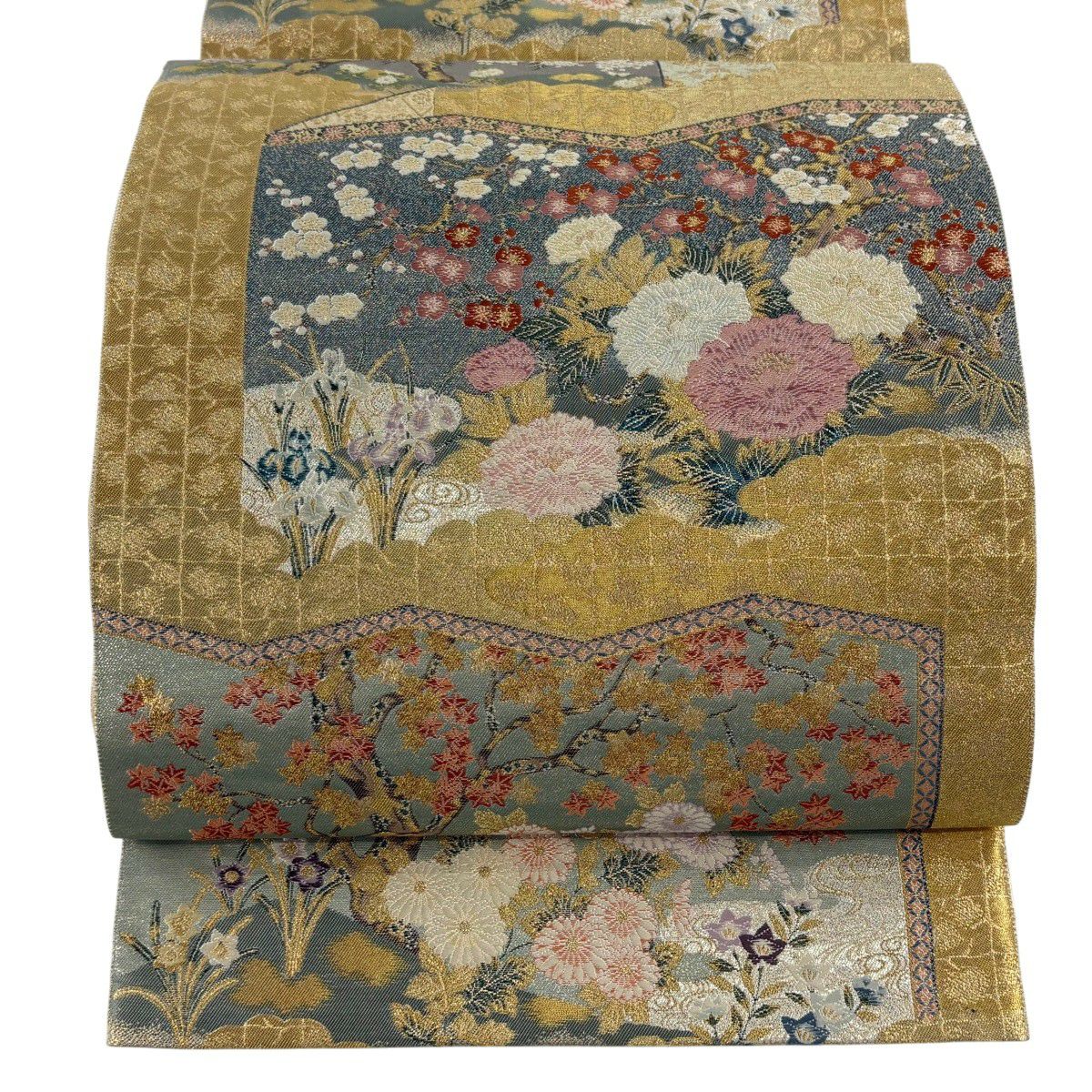 A 186袋帯 六通柄 本金箔 春秋扇面文 瀞金錦 木と花　正絹 美品 着物 美品】 袋帯 秀品 屏風春秋文 草花 本金箔 刺繍 金色 六通 正絹｜中古