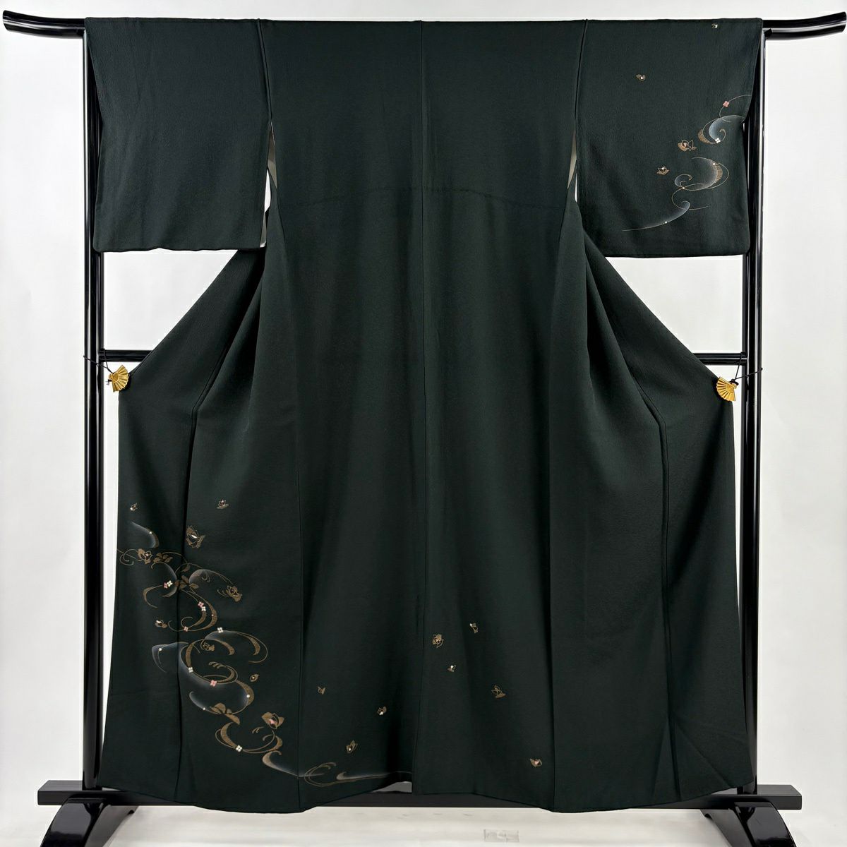 付下げ 身丈160cm 裄丈67.5cm L 袷 雪輪 芝 金糸 金彩 深緑 正絹 優品