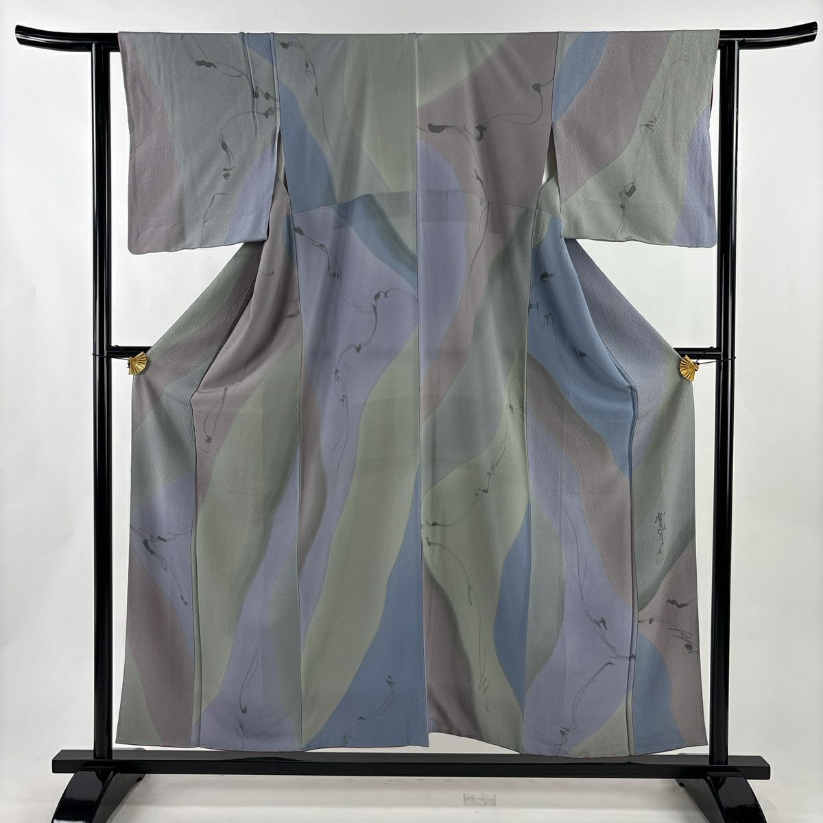 小紋 身丈155cm 裄丈63cm S 袷 斉藤三才 落款あり 幾何学模様 染め分け