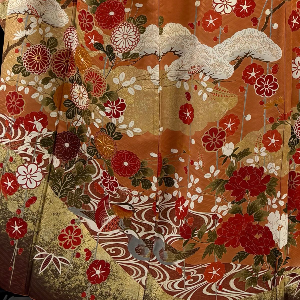 振袖 身丈160cm 裄丈67cm M 袷 鈴乃屋 松 菊 金糸 金彩 オレンジ 正絹