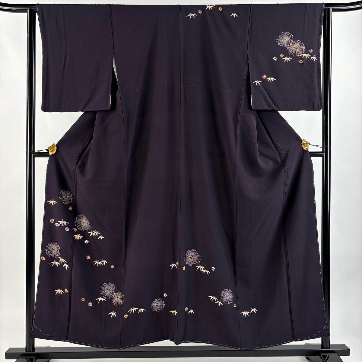 訪問着 美品 秀品 蝶 菊 金糸 金彩 黒 袷 165cm 66cm M 正絹