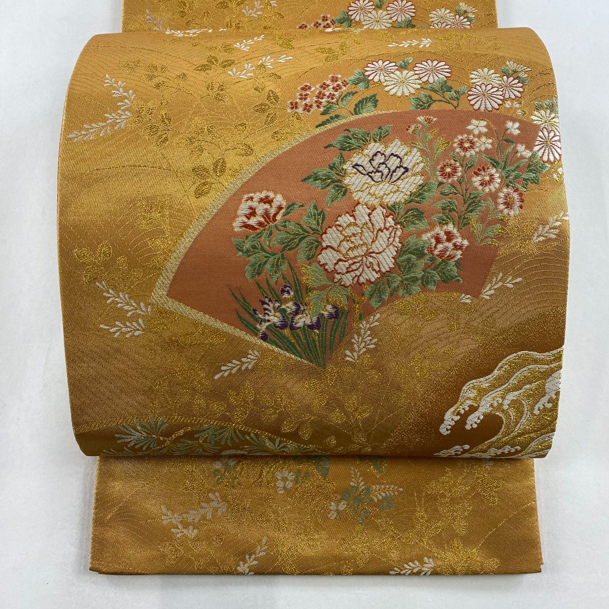 袋帯 秀品 菊 金糸 箔 焦茶色 六通 正絹 【中古】