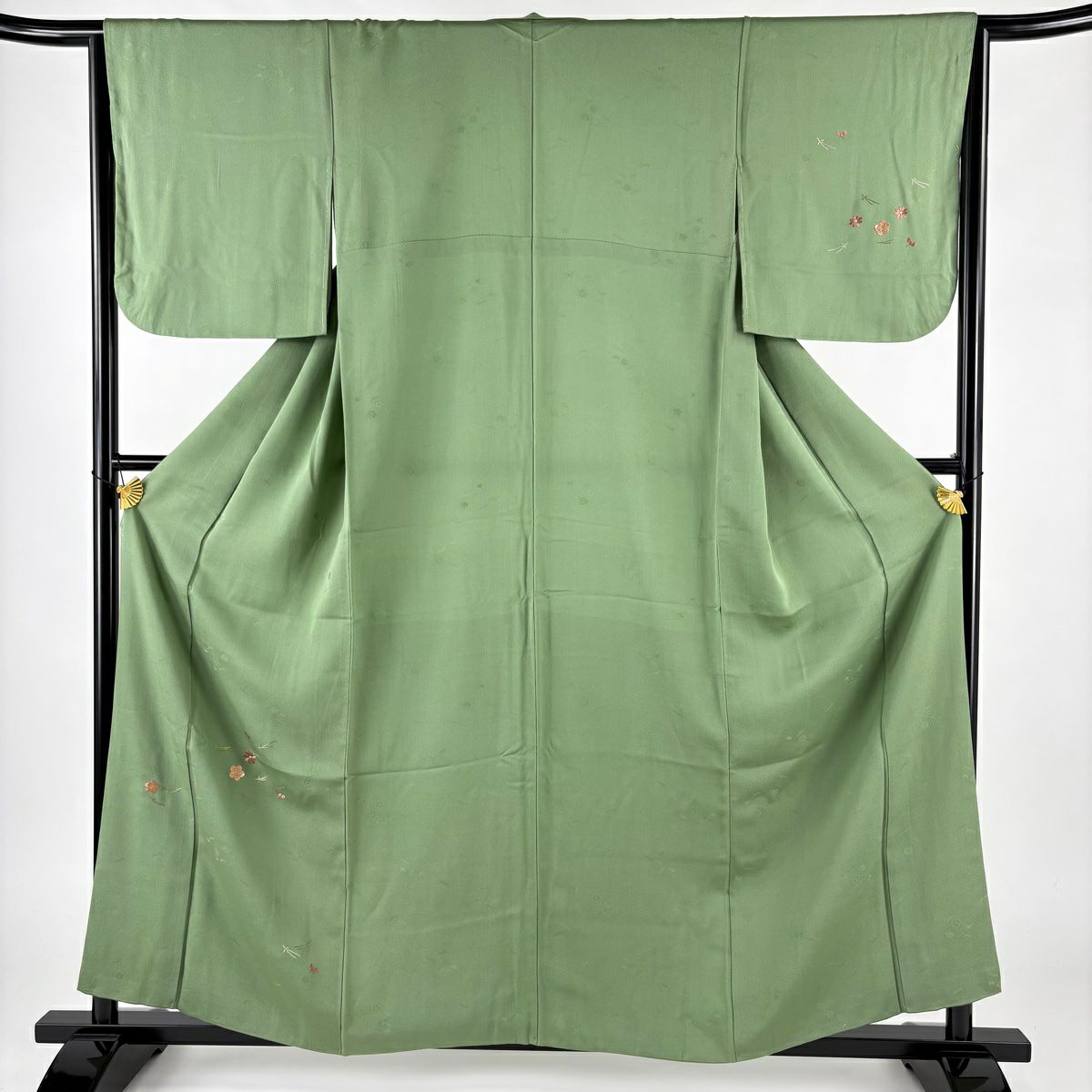 付下げ 身丈160cm 裄丈64cm M 袷 扇面 草野 刺繍 茶緑色 正絹 秀