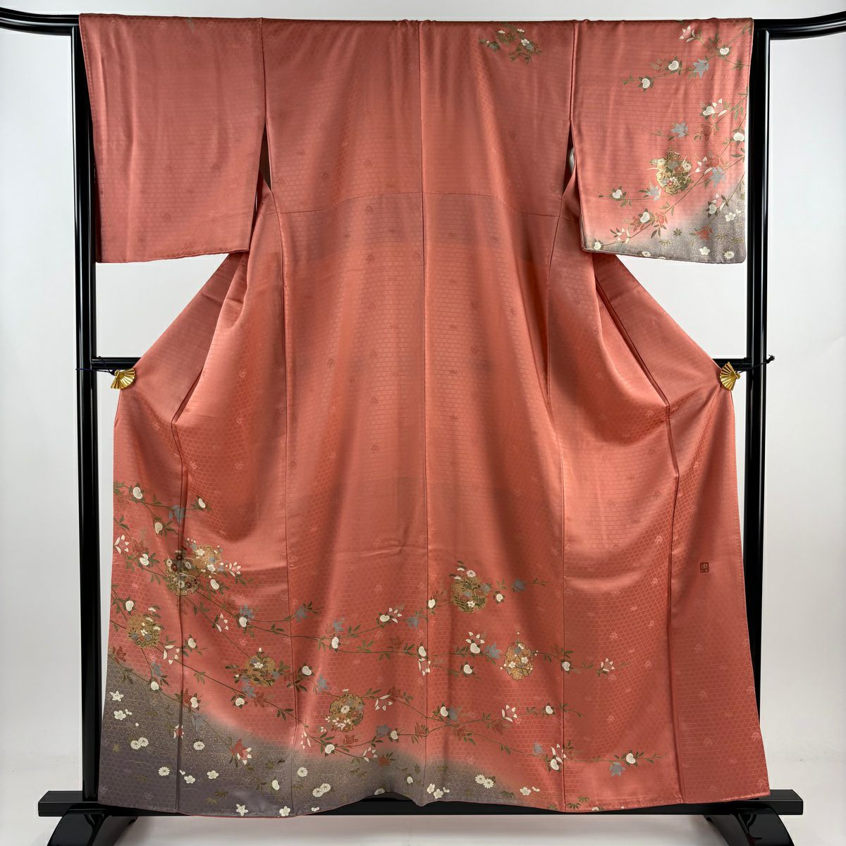 吾妻徳穂 落款あり 身丈158 オレンジ桜橘 振袖 訪問着 身丈158.5cm 裄丈65.5cm M 袷 吾妻徳穂 落款あり 橘 桜