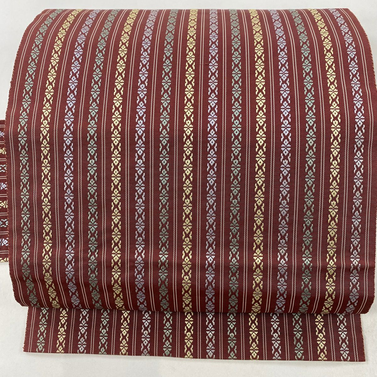 名古屋帯 美品 秀品 幾何学模様 段縞 山吹茶色 正絹｜中古・古着