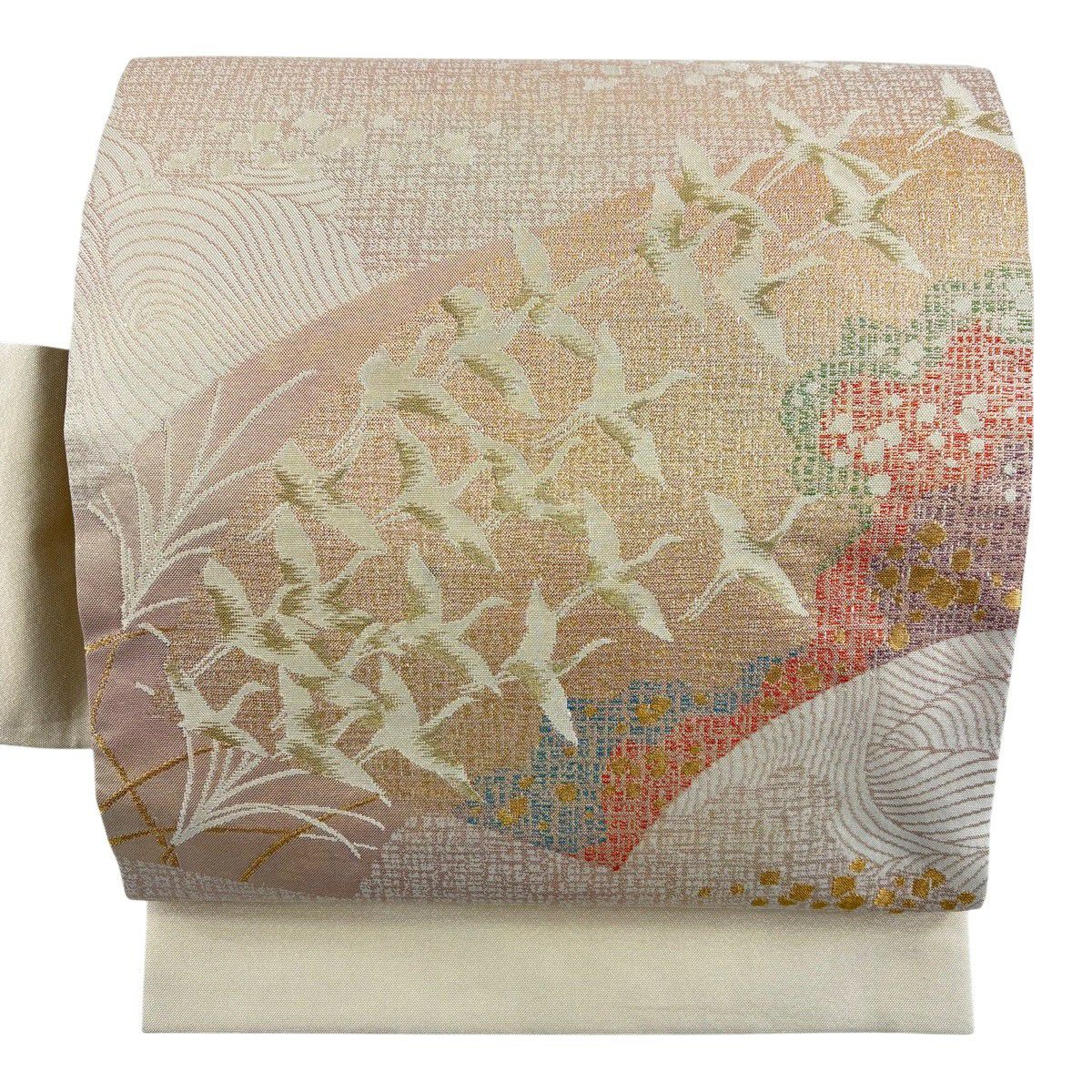 名古屋帯 優品 鶴 波 金糸 箔 クリーム 正絹｜中古・古着・リサイクル