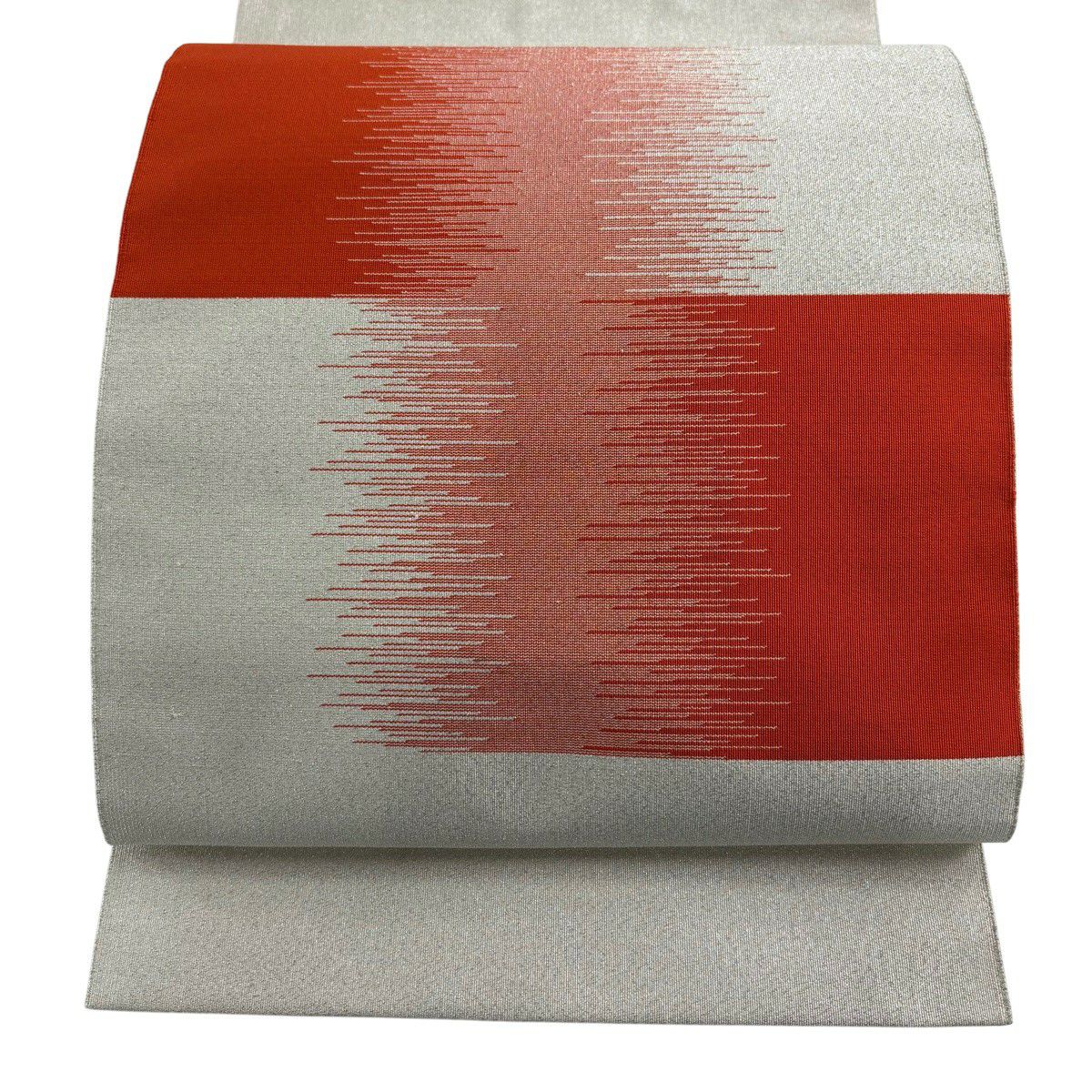 開き名古屋帯 優品 幾何学模様 銀糸 綴れ 灰白 正絹｜中古・古着