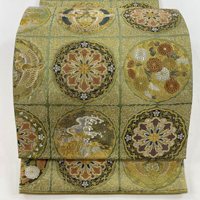 名古屋帯 美品 逸品 鶴菱文 市松 金糸 黄色 正絹 【中古】 名古屋帯