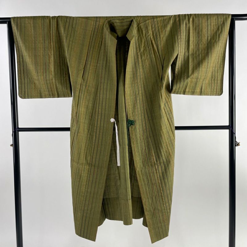 道中着 身丈127.5cm 裄丈64cm M 和装コート 紬地 縦縞 茶緑色 正絹 美品 名品