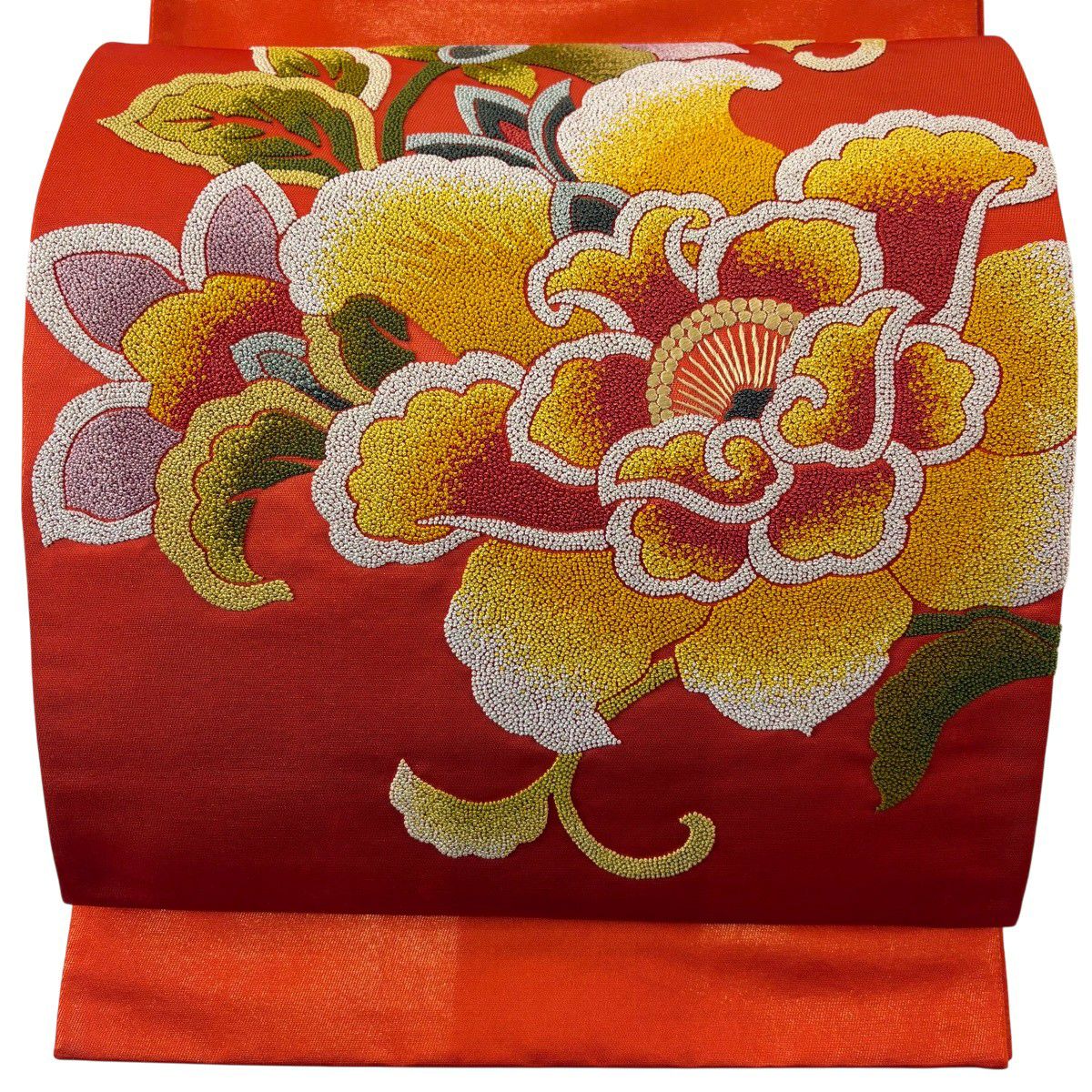 袋帯 秀品 花唐草 相良刺繍 金通し オレンジ お太鼓柄 正絹｜中古
