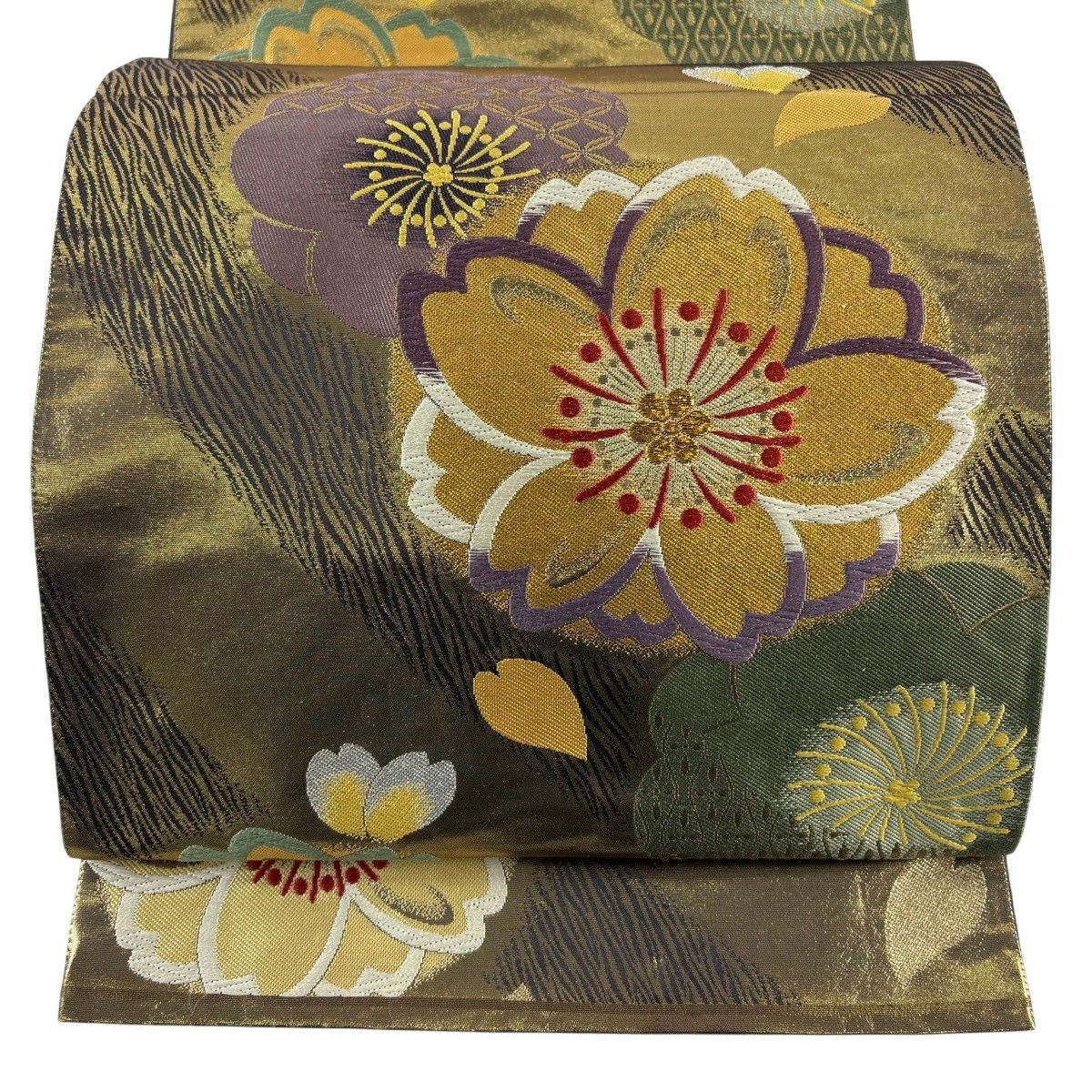 美品】 袋帯 秀品 振袖向き 桜 桜の花びら 金銀糸 刺繍 金色 六通 正絹