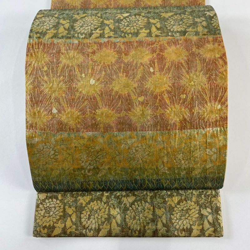 袋帯 美品 逸品 落款あり 牛首紬 横段 草花 金彩 赤茶 全通 正絹