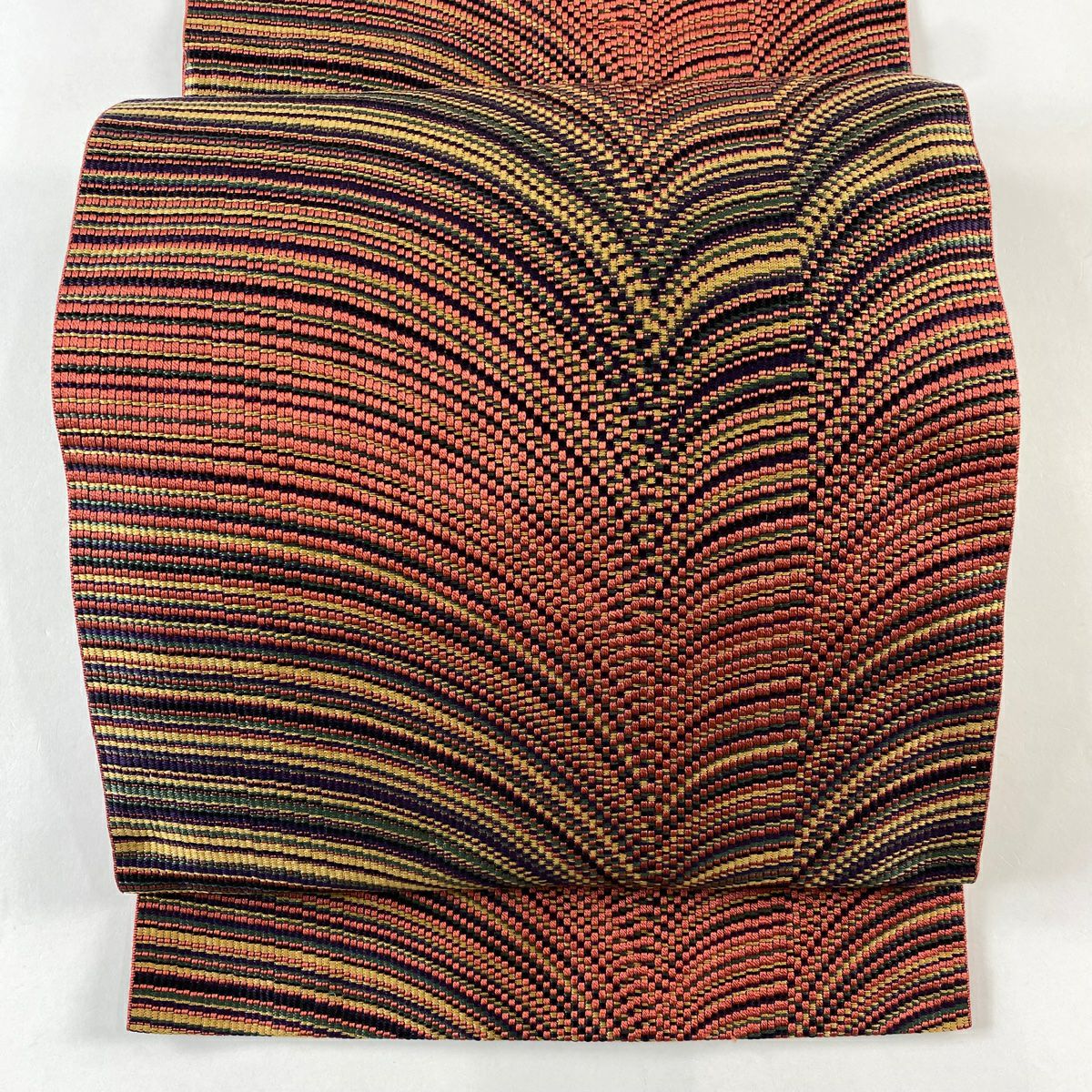 名古屋帯 秀品 八寸名古屋帯 松葉仕立て 魚 生り物 茜色 正絹｜中古