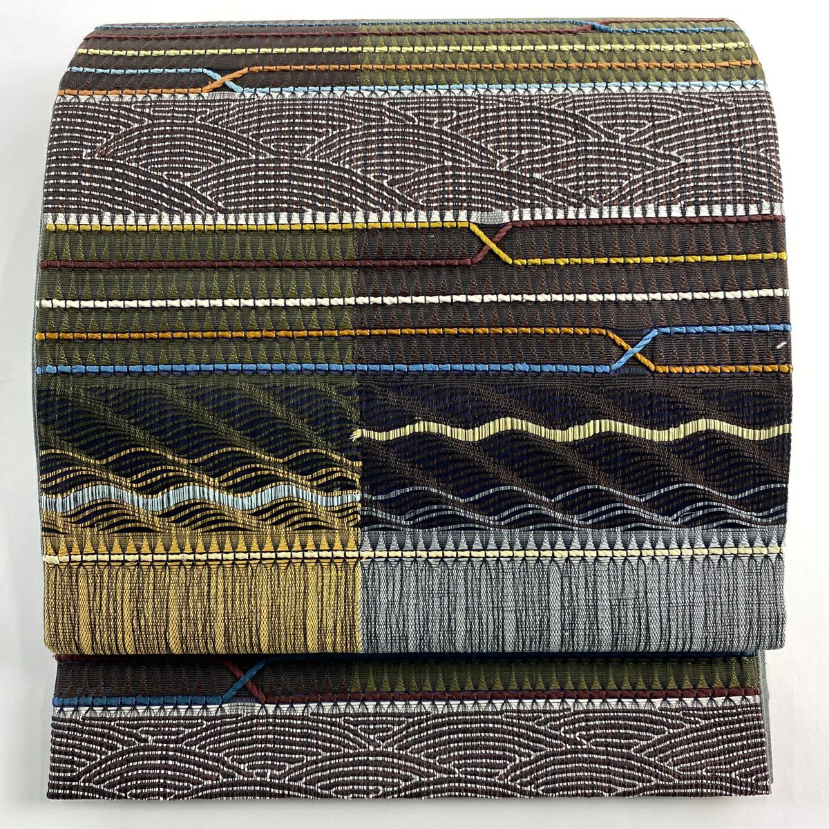 美品】 袋帯 名品 魚 波頭 金糸 焦茶色 お太鼓柄 正絹｜中古・古着