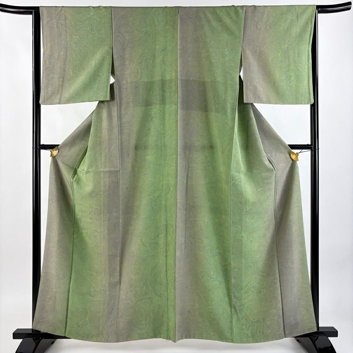 小紋 身丈160cm 裄丈68cm L 袷 鈴乃屋 墨流し 灰緑 正絹 名品｜中古