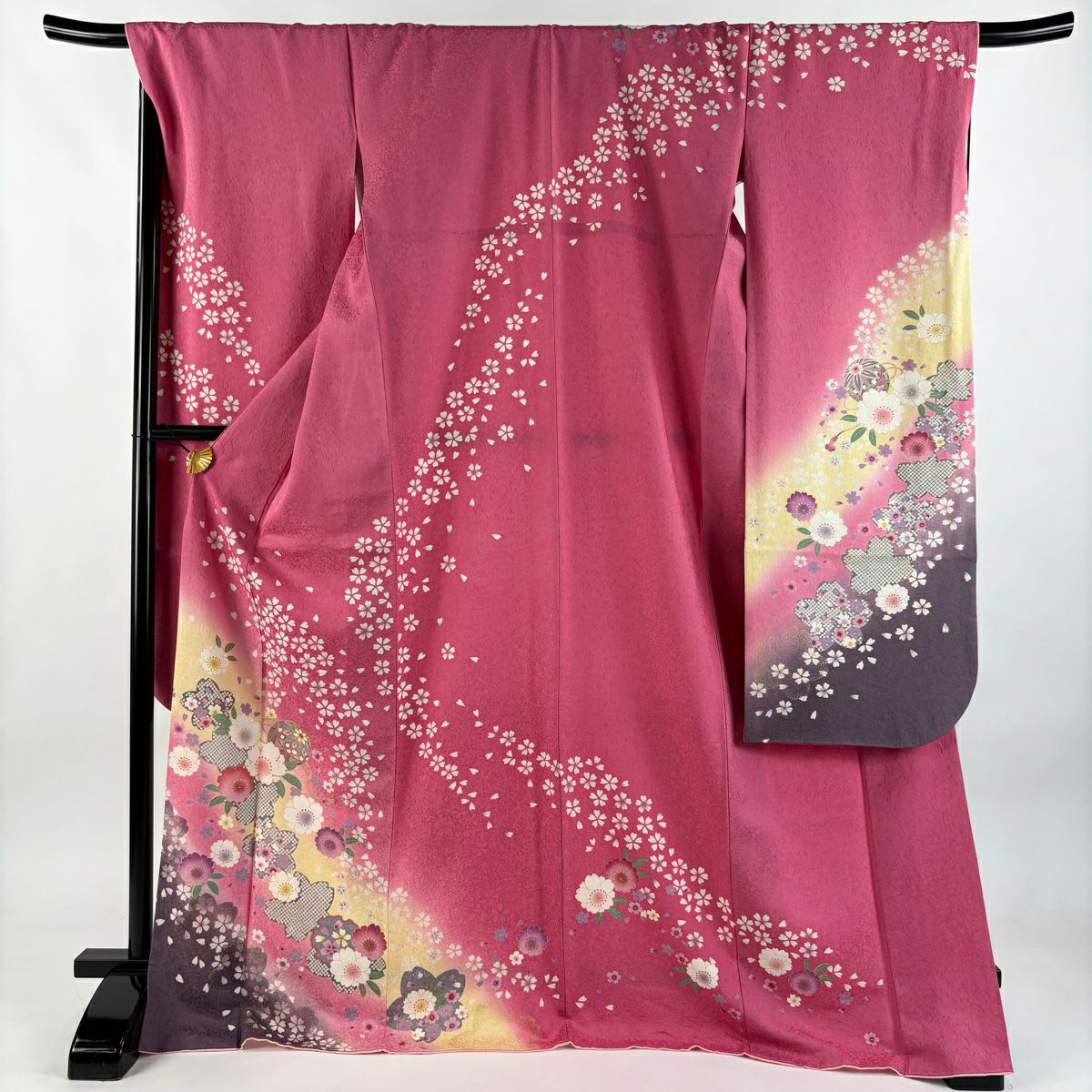 美品】 振袖 身丈167cm 裄丈69cm L 袷 牡丹 手鞠 金彩 ぼかし 山吹色