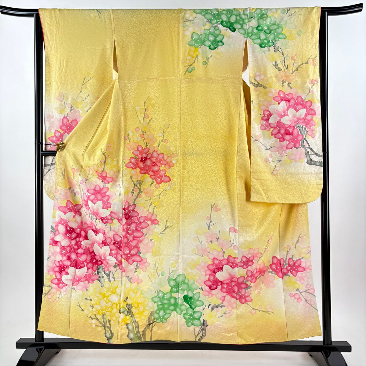 振袖 身丈156cm 裄丈64cm M 袷 枝花 地紋 ぼかし 黄色 正絹 秀品｜中古