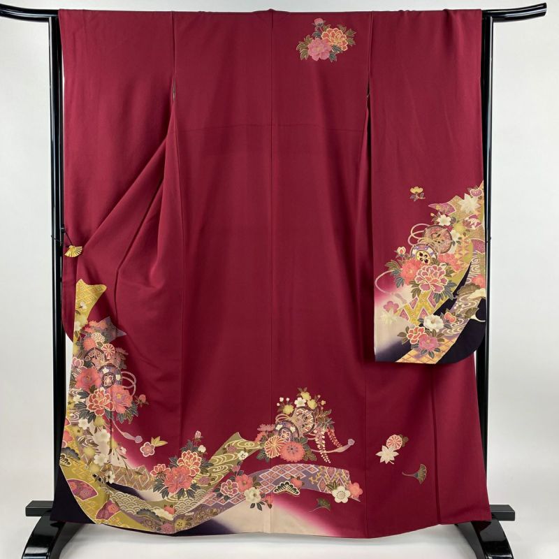 振袖 身丈163cm 裄丈63.5cm S 袷 鼓 熨斗 金彩 ぼかし 赤紫 正絹