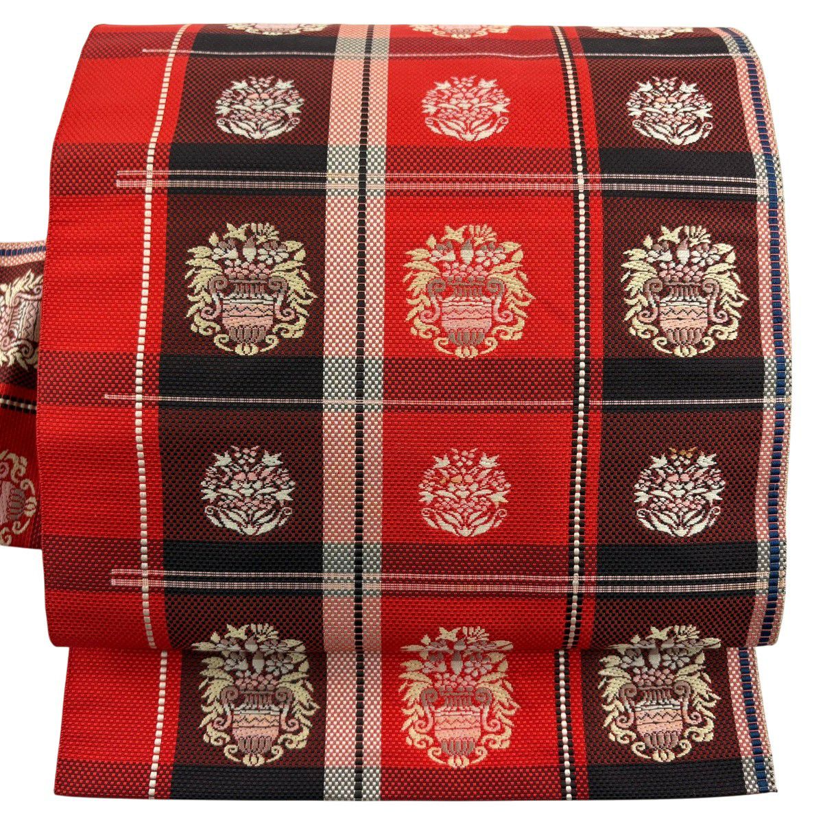 名古屋帯 優品 八寸名古屋帯 花器 格子 赤 正絹｜中古・古着