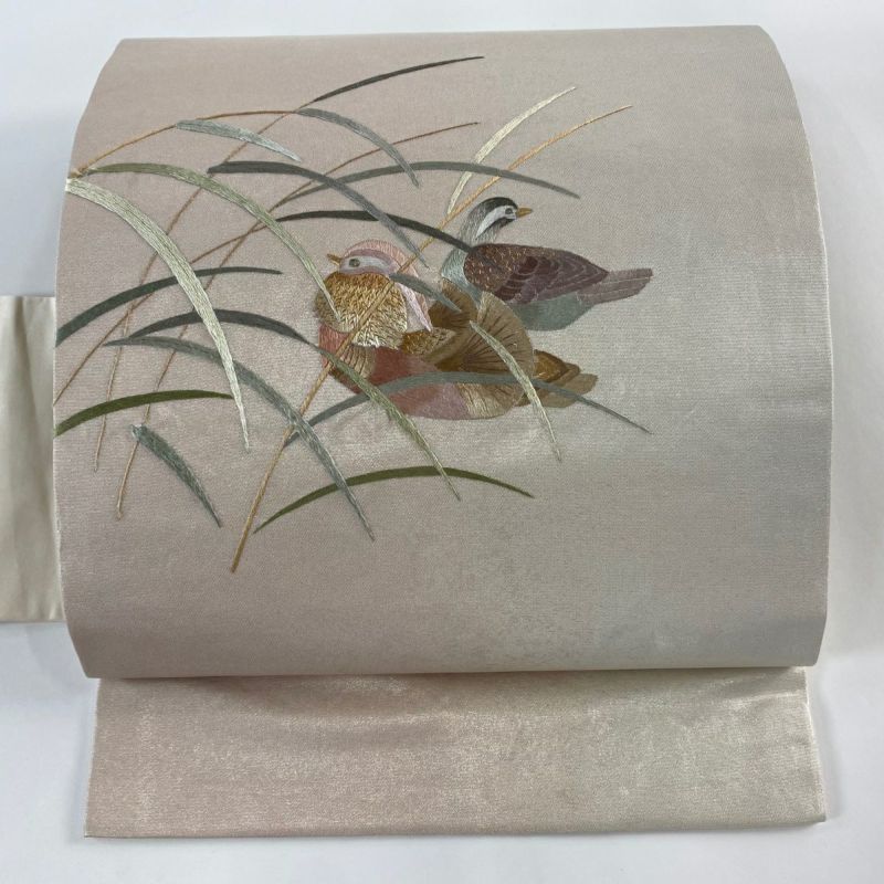 新品登場 鴛鴦 秀品 美品 名古屋帯 葉 正絹｜中古 薄ピンク 金糸 刺繍 着物・浴衣