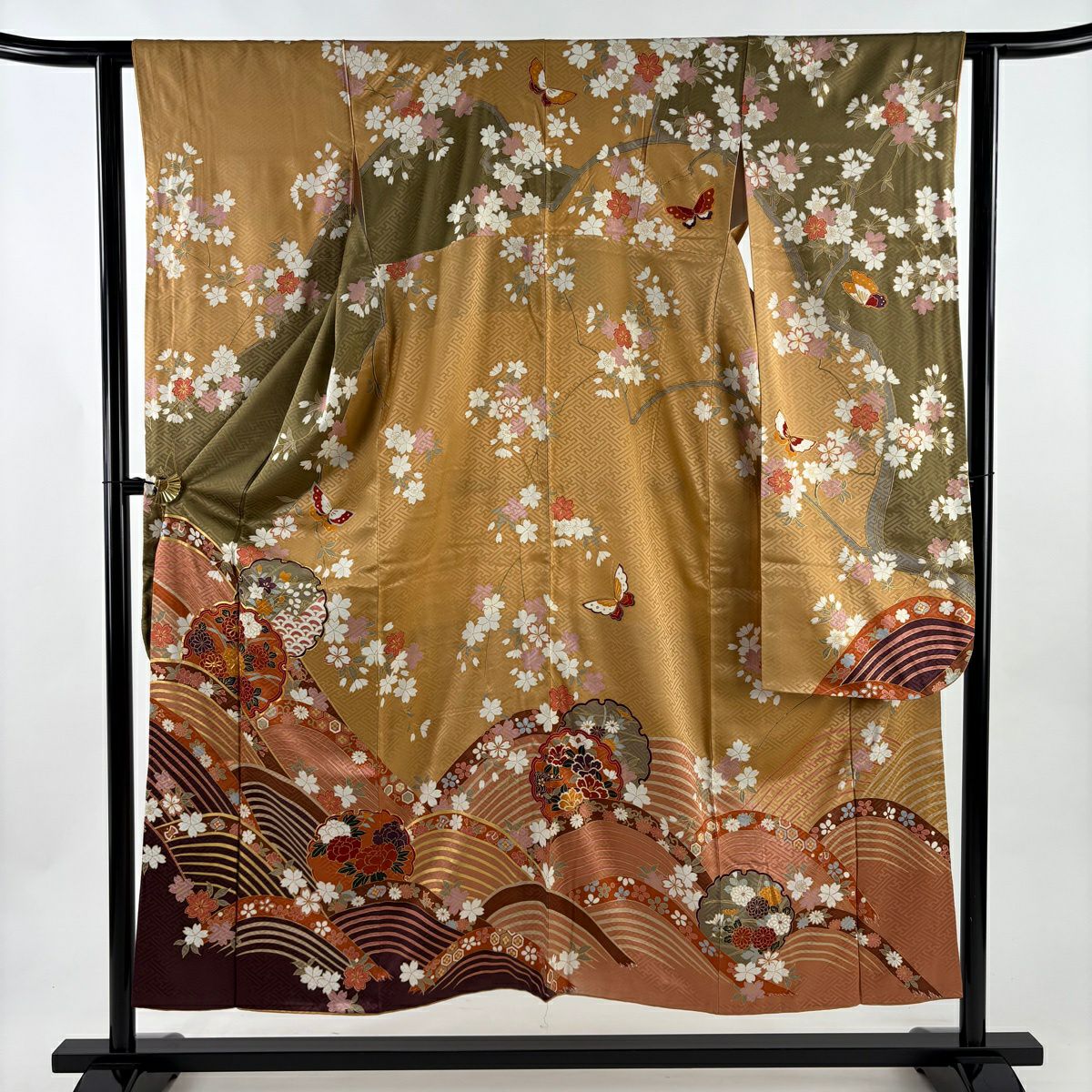 振袖 身丈167.5cm 裄丈67.5cm L 袷 扇 桜 金彩 染め分け 茶緑色 正絹