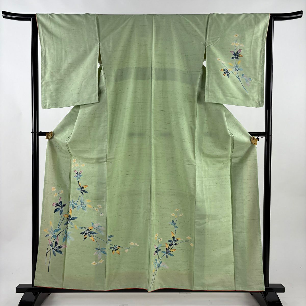 付下げ 身丈161cm 裄丈65.5cm M 袷 草花 縦縞 紬地 水色 正絹 名品