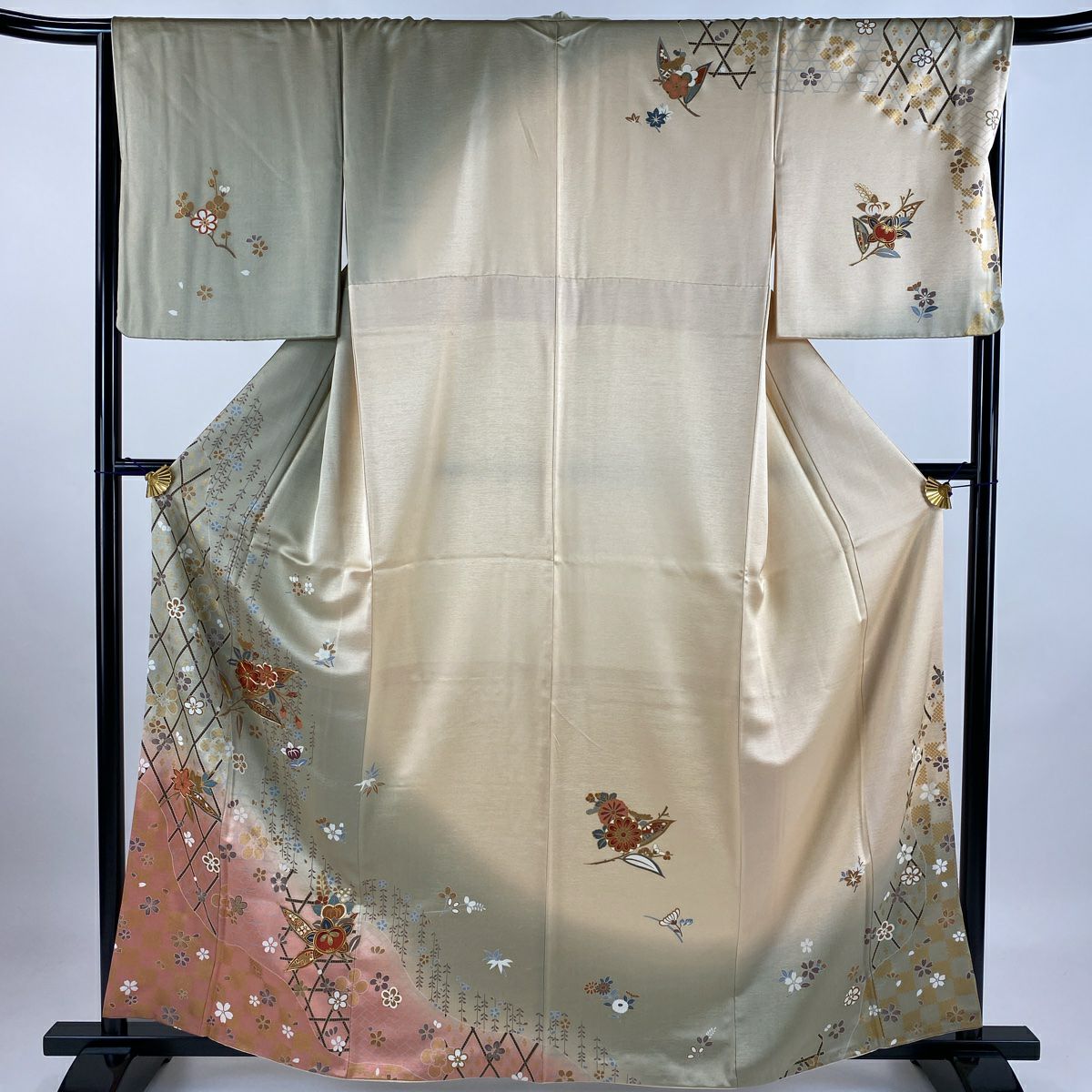 訪問着 身丈158cm 裄丈64cm M 袷 扇面 草花 金彩 灰緑 正絹 美品 名品|中古・古着・リサイクル着物通販|バイセル オンライン