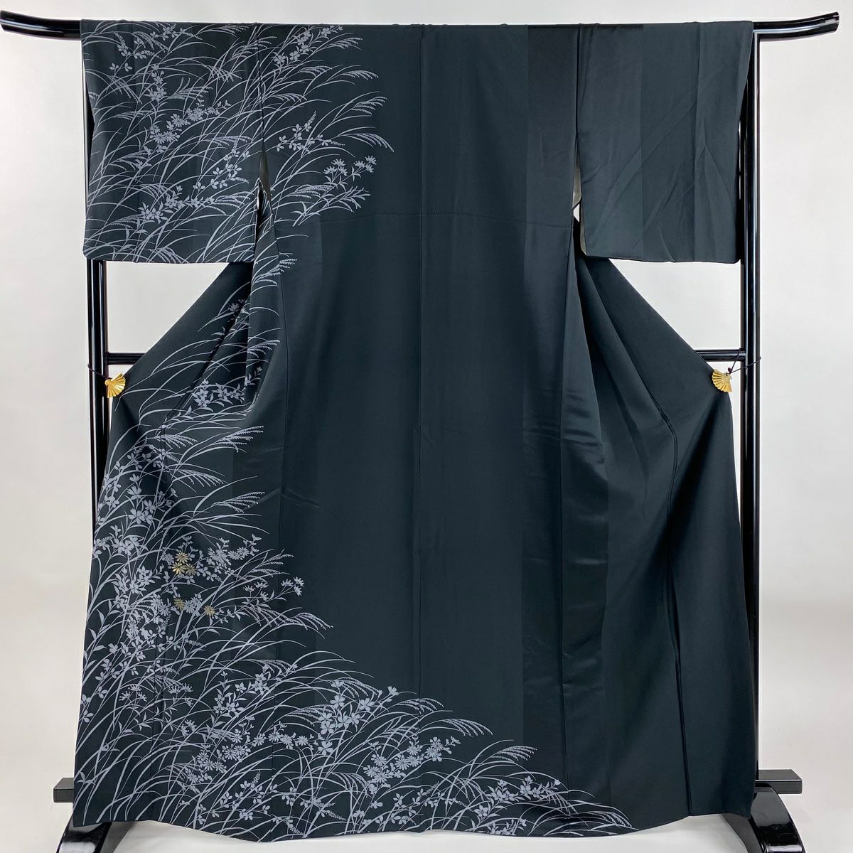 訪問着 身丈158cm 裄丈64cm M 袷 紅葉 金糸 金彩 黒 正絹 名品｜中古