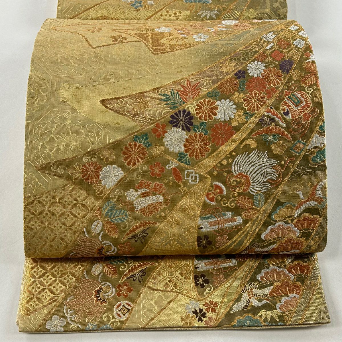 袋帯 美品 秀品 束ね熨斗 華文 金糸 箔 赤紫 六通 正絹|中古