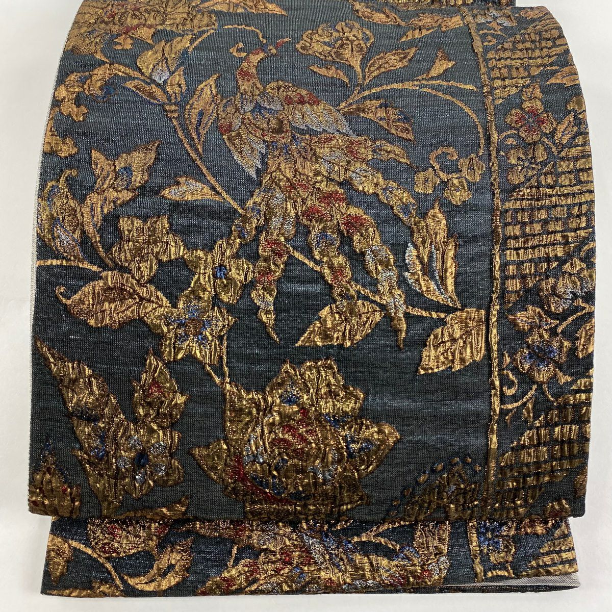 50%OFF 【美品】 袋帯 秀品 草木染 草花 蝶 箔 金糸 黒灰 六通 正絹