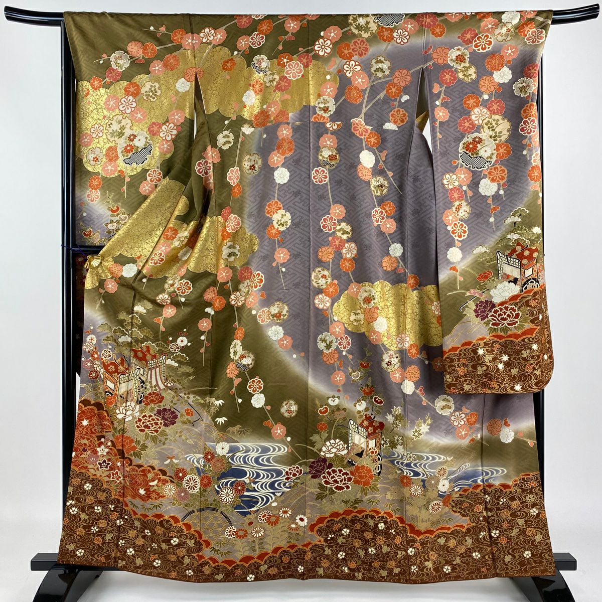 振袖 身丈157.5cm 裄丈65cm M 袷 御所車 桜 金銀糸 金彩 山吹色 正絹 秀品｜中古・古着・リサイクル着物通販｜バイセル オンライン