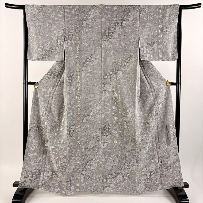 付け下げ　作家もの　桂　ドット　観世水　花模様　モノトーン　着物　083a p 付け下げ 作家もの 桂 ドット 観世水 花模様 モノトーン 着物